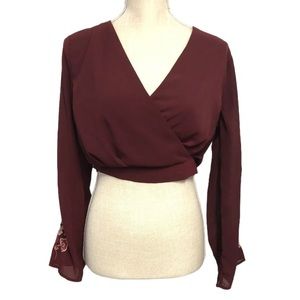 Charlotte Russe Faux Wrap Crop Top Gauze Blouse Embroidered Floral